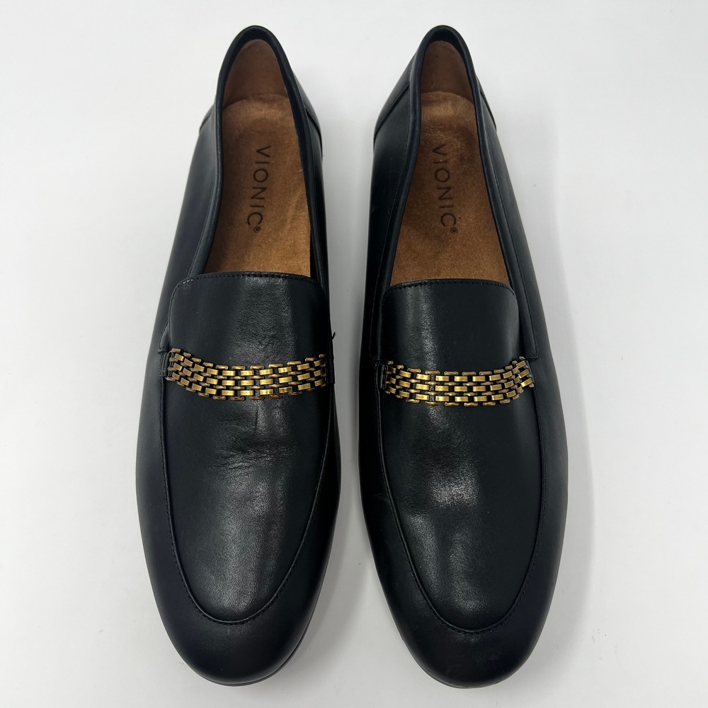 Vionic Charlotte Black Leather Gold Chain Link Loafers Womens Size 9 - Picture 2 of 7